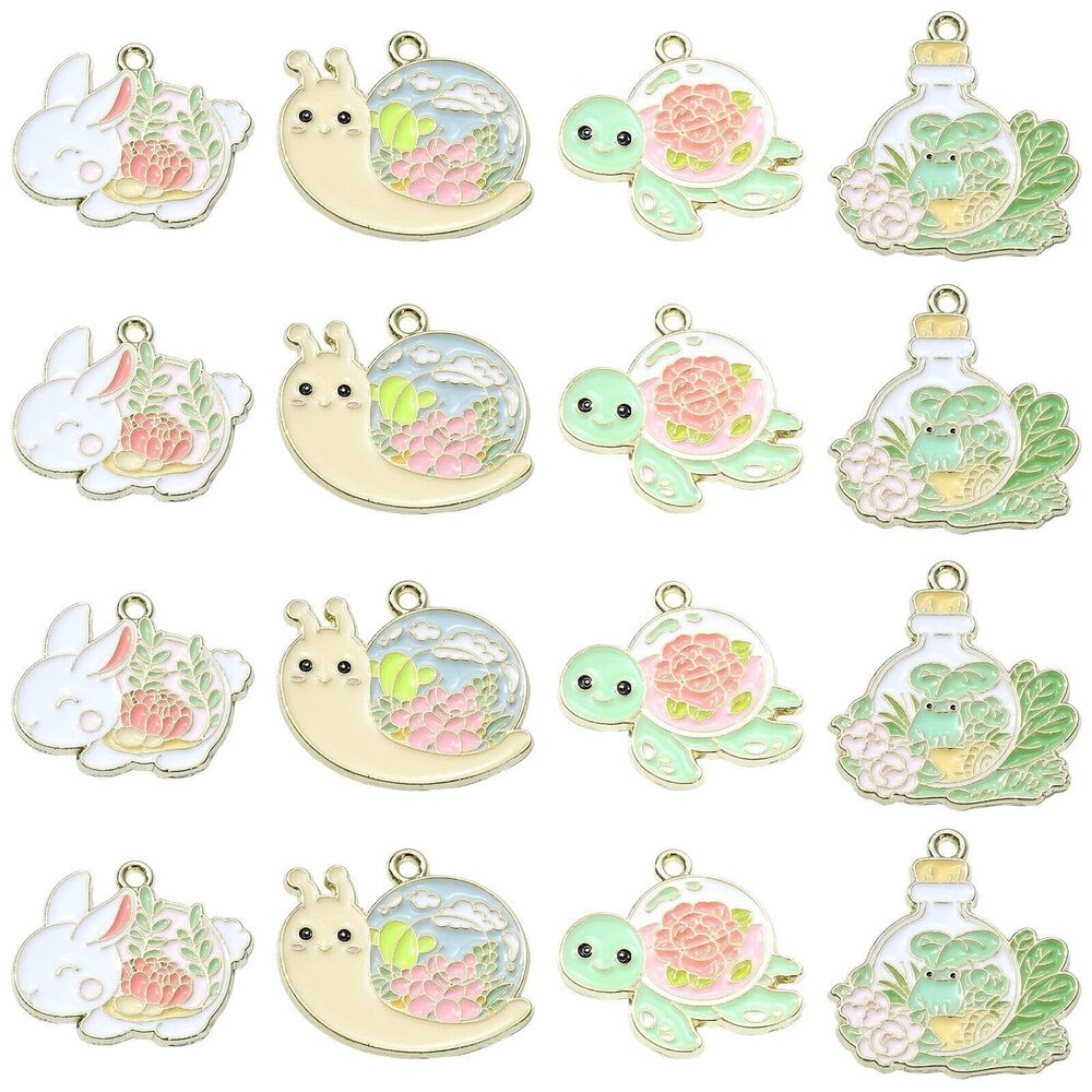 9896 20 Pcs 4 Styles Flower Pattern Animal Enamel Alloy Charms Rabbit